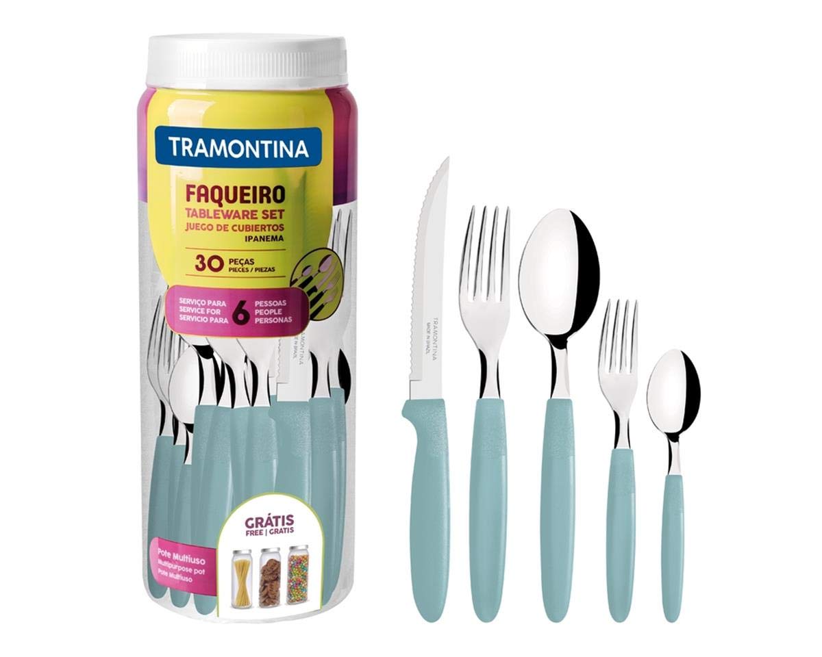 Tramontina Ipanema 23398/288 - Juego de cubiertos para 6 personas, 30 piezas en acero inoxidable con mango azul
